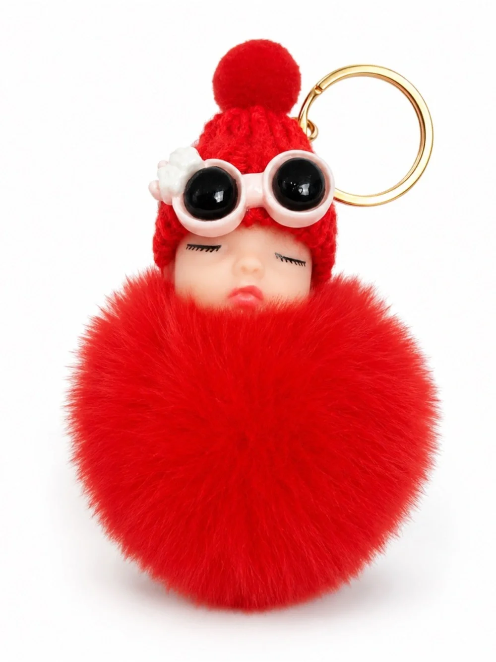 Sleeping Baby Faux Fur Pom Pom Keychain Purse Charm | 9 Colors